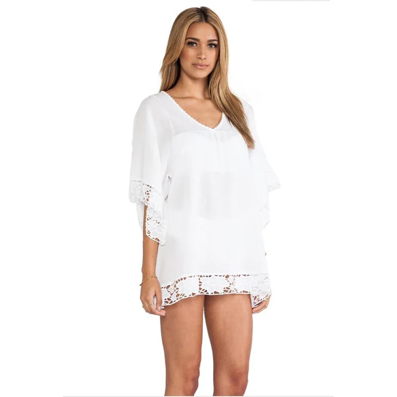 Frauen Chiffon Abdeckung Up Rock Strand Tunika Kleid 2018 v Neck Hülse Bikini Lose Abdeckung Ups Mini Beachwear T0132 Preise