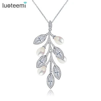 

LUOTEEMI White Gold-Color Luxury Full Zircon with Imitation Pearl Leaft Pendant Link Chain Necklace Women Girl Charming Jewelry