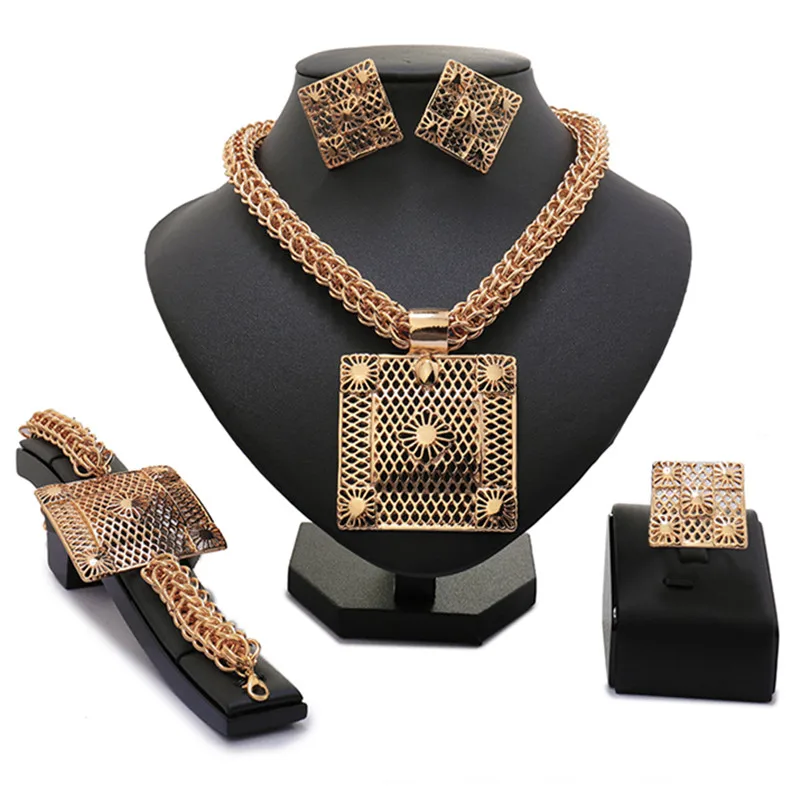 Wholesale Big Dubai pure Gold color Crystal Necklace Jewelry Sets