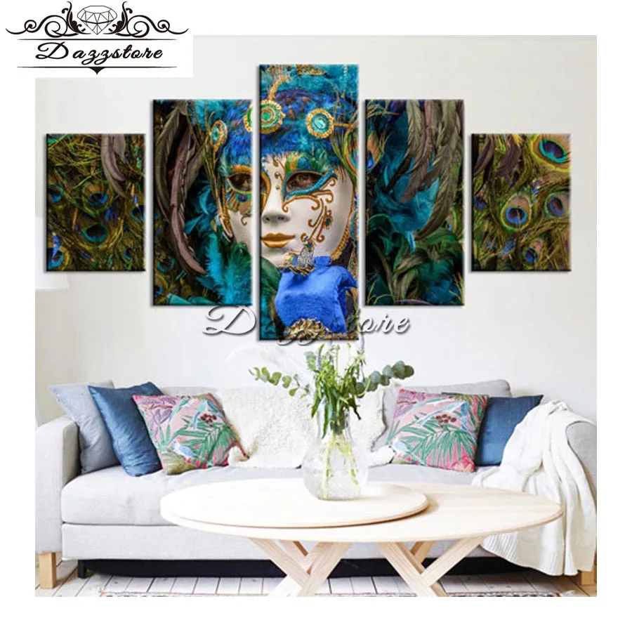 

Needlework Diy Diamond painting Cross Stitch Full Square Diamond Mosaic Embroidery Mask Peacock Decorative For Wall 5PCS
