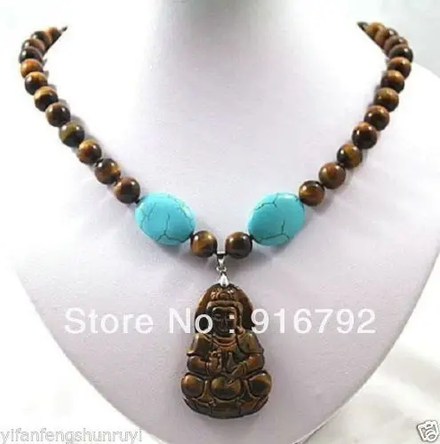 

free shipping >>>>>Stunning Turquoise 8mm tiger eye Buddha pendant necklace 18