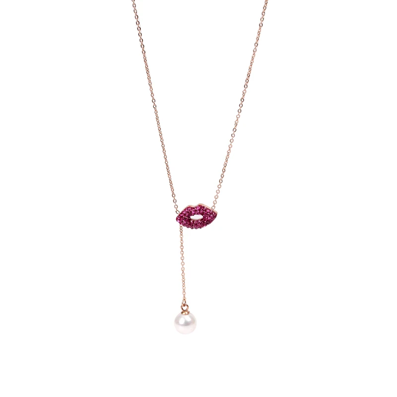 Yun ruo розовый Золотой Цвет Модный Роскошный с кристаллами для губ жемчужная титановая цепочка с подвеской стальная бижутерия женский подарок никогда не выцветает - Metal Color: necklace
