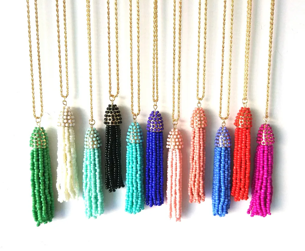 Long Link Chain Seed Beaded Multi Color for Summer Fashion Pendant