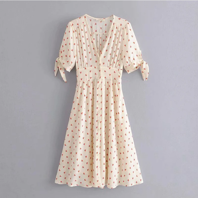 

Women Dress Summer 2019 Polyester Cherry Print V-neck Slim Dress Summer Leisure Slim Sexy Temperament Short Sleeve Dress