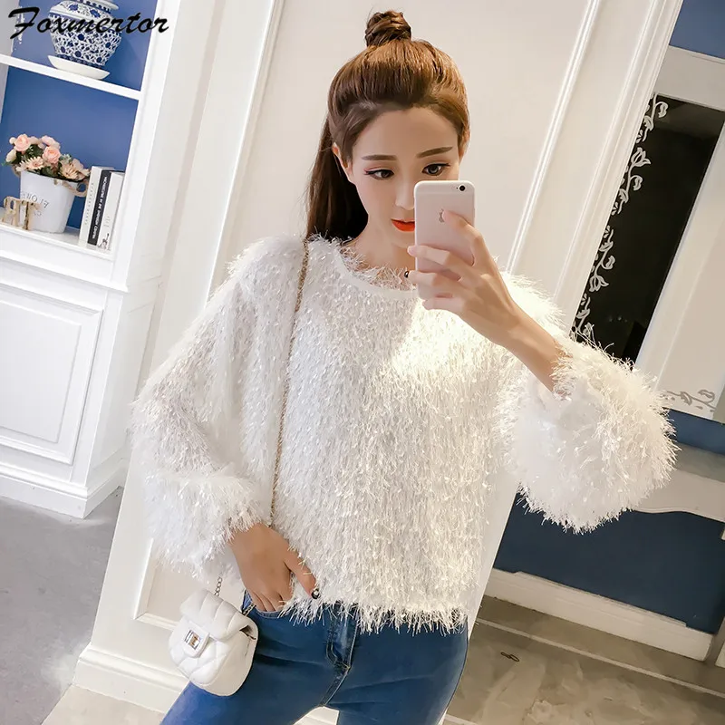 

Knitted Sweaters Winter Autumn Women Clothes Fluffy Shaggy Faux Fur White Color Chic Warm Outwears Casual Pullovers Plus Size XL