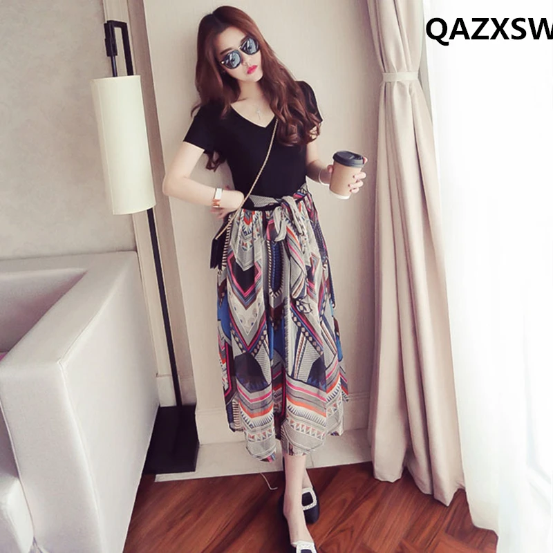

2019 New Summer Two-piece Chiffon Dress Short-sleeved V Collar Fashion Trendy Print Sweet Loose Large Size Women Dress ZW057