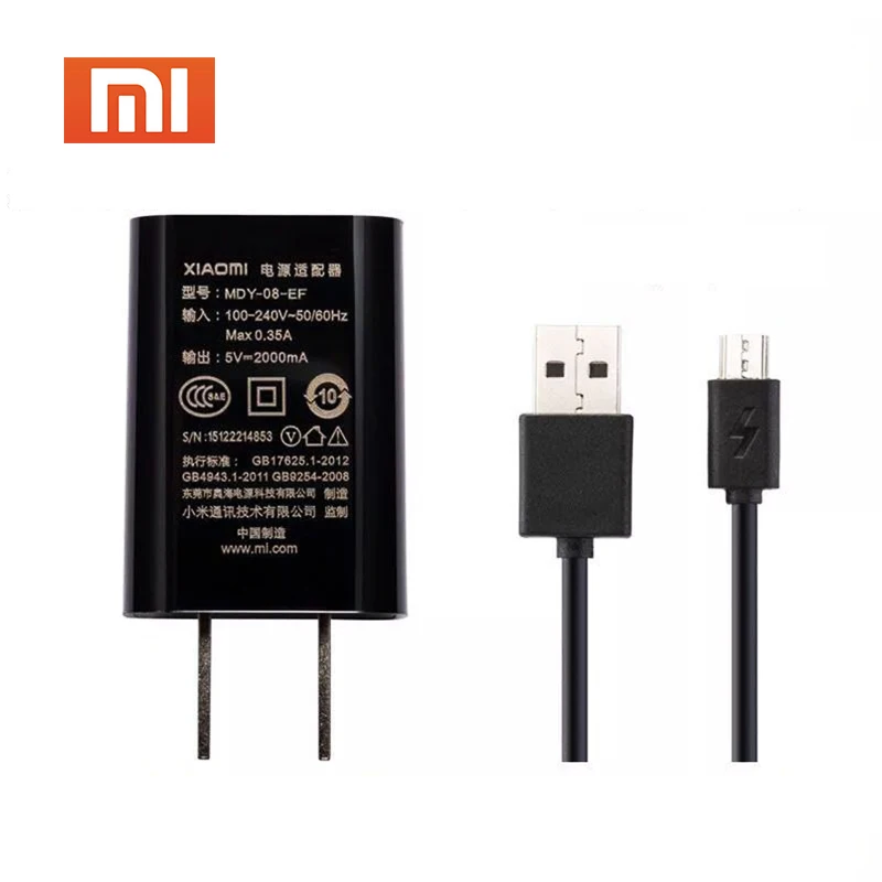 Original XIAOMI USB Charger US Plug 5V 2A Adapter, Micro USB Cable for