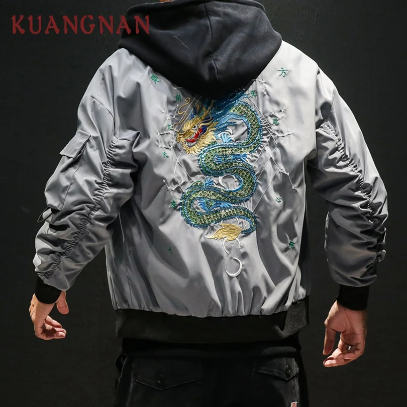 KUANGNAN китайский дракон вышивка Мужская модная куртка в стиле хип хоп уличная