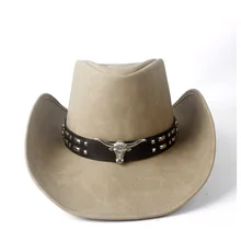 New Style Lady Dad Cowboy Hat Comfortable Leather Felt Western Cow Head Decoration Cowboy Casual Hat
