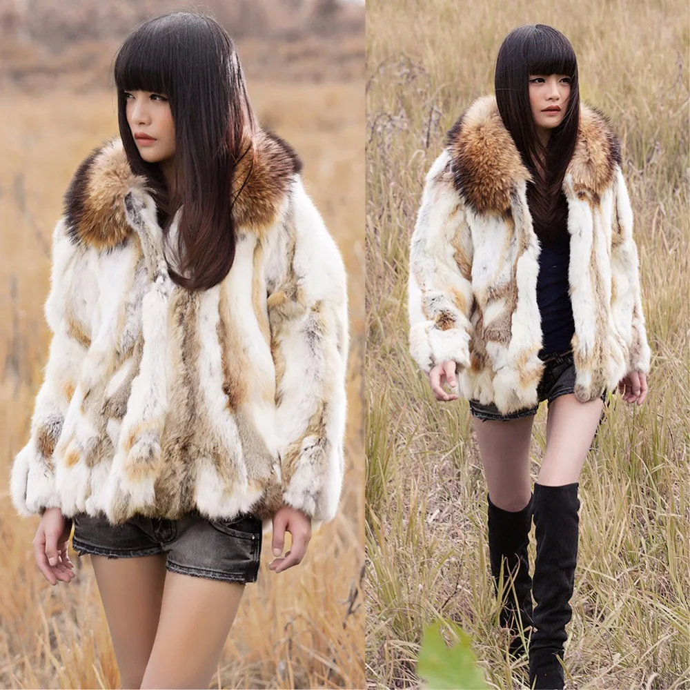 

Ethel Anderson Women's Real Rabbit Fur Coat with Furry Raccoon Fur Collar