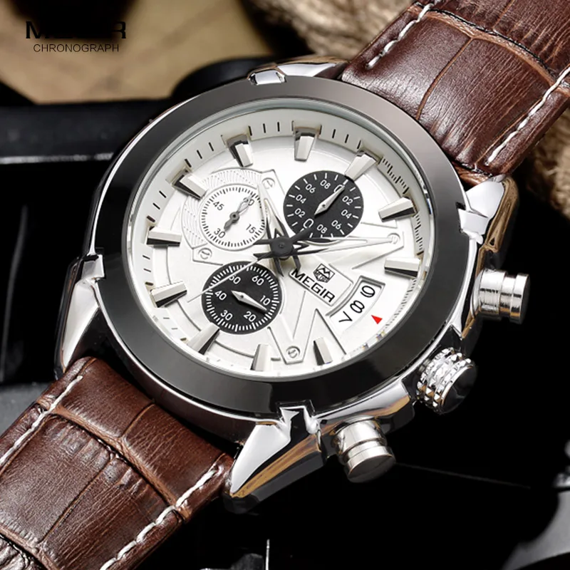 En Ligne Megir mode en cuir sport quartz montre pour homme militaire chronographe montres hommes armée style 2020 livraison gratuite
