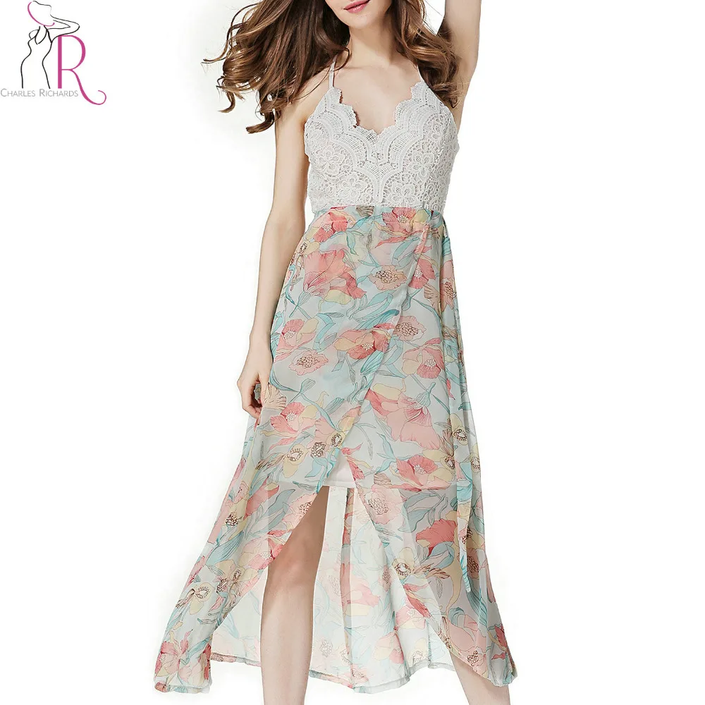 2 Colors Floral Print Wrap Front Lace Patchworked Midi Chiffon Dress