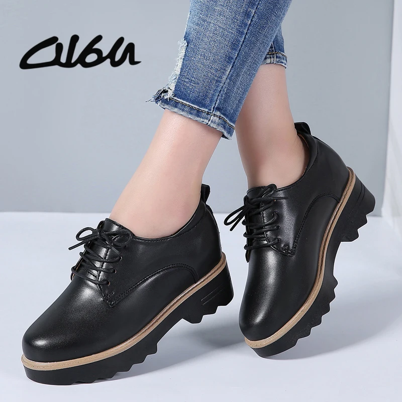 

O16U Women Oxfords Shoes Flat Platform Genuine Leather Lace up Casual Shoes Women Classic White Derby Shoes Spring Plush Winter