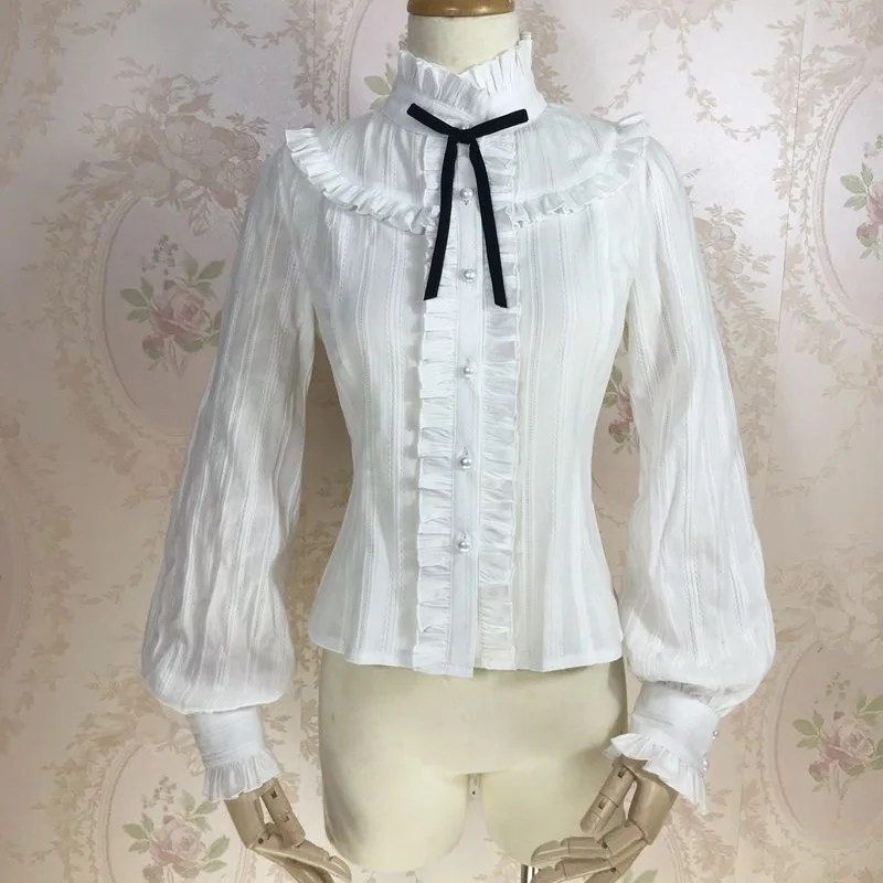 

White Bow Stand Collar Lantern Sleeve Gothic Shirt Women Tops 2019 Vintage Blouse Lolita Camisa Mujer Victorian Roupas Feminina