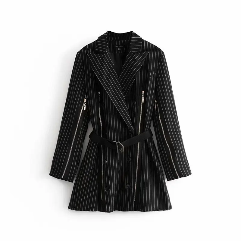 

Spring 2019 Suits Brought Long Sleeve Long Jackets Show Thin Double-breasted Stripe Small Suit Sashes OL Women Blazers