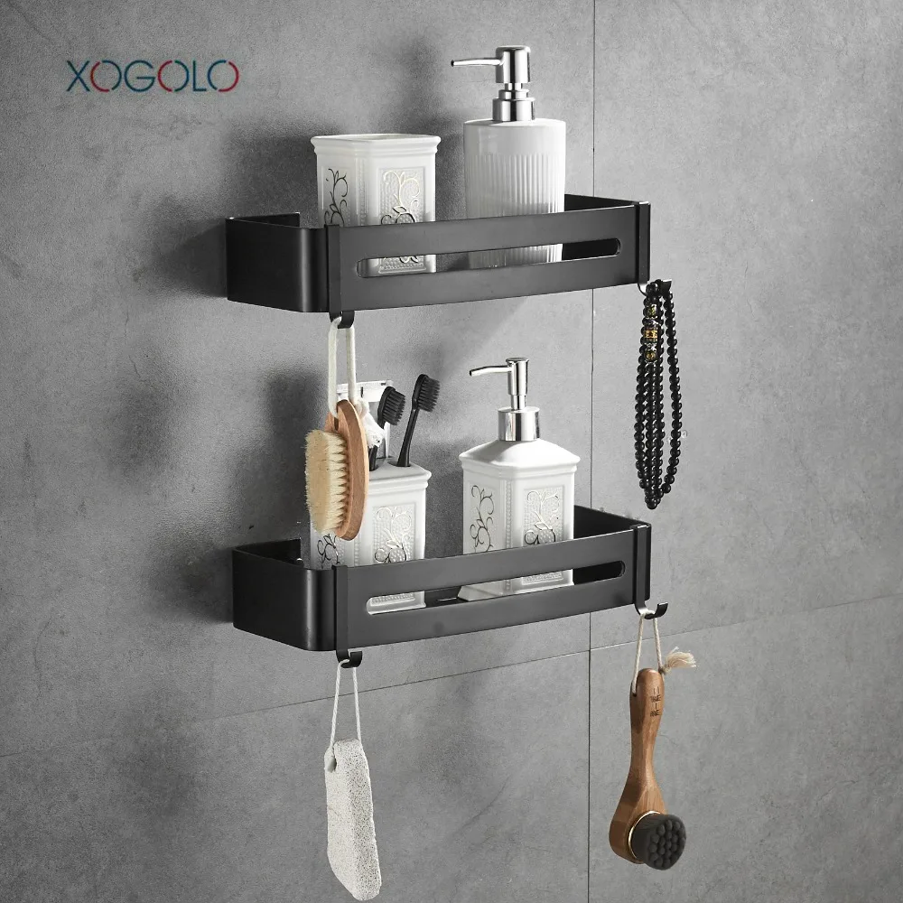 Xogolo 2 Tier Bathroom Shower Shelf Black Rectangular Wall Shower Shelf Black Rectangular Wall