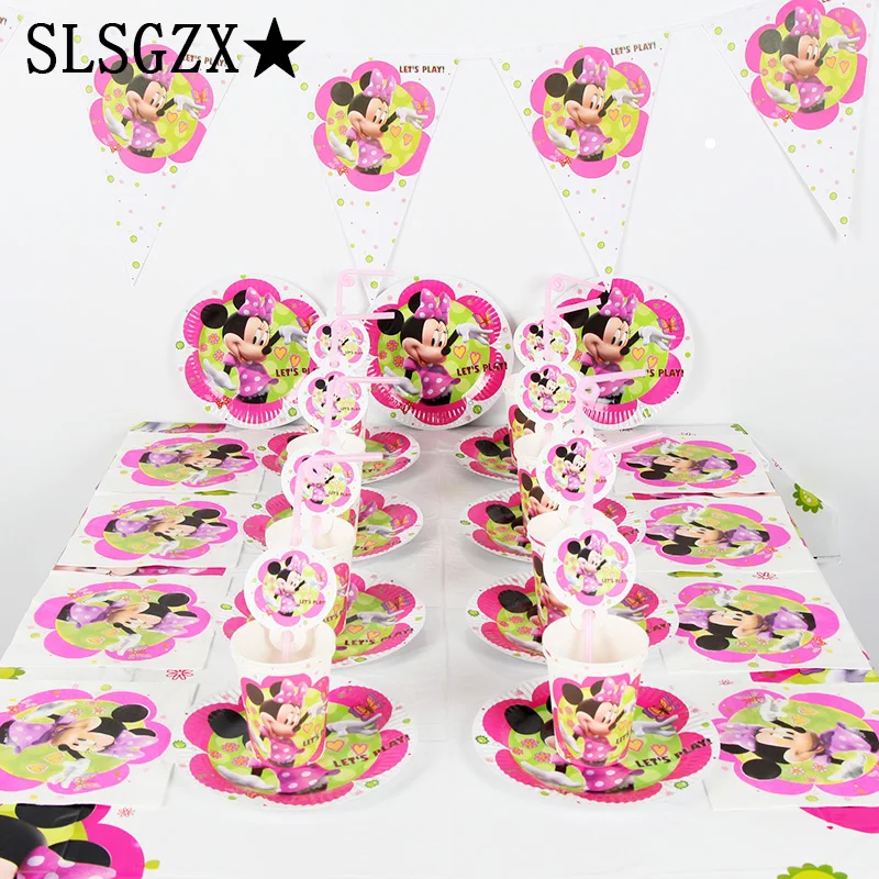 

Cute Minnie Mouse Theme Paper Cup Plate Cap Mask Plastic Straw Gift Bag Boy Girl Birthday Party Baby Shower Decoration Supply