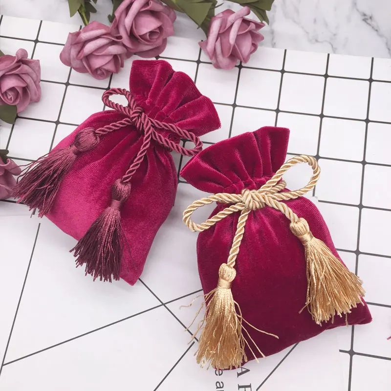 10pcs Gray Gold Velvet Bags With Tassel 11x15cm Purple Red Pouches ...