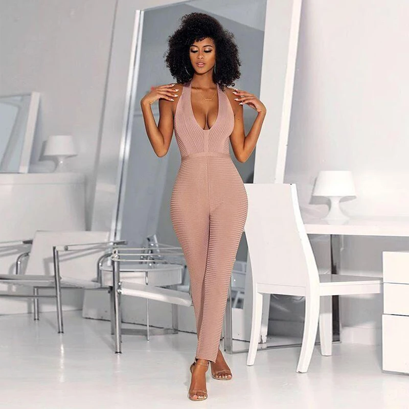 

Summer Bandage Women Jumpsuit High Quality Rayon Bodyocn Khaki Blue Sleeveless V Neck Sexy Bodycon Stretch Streetwear Rompers