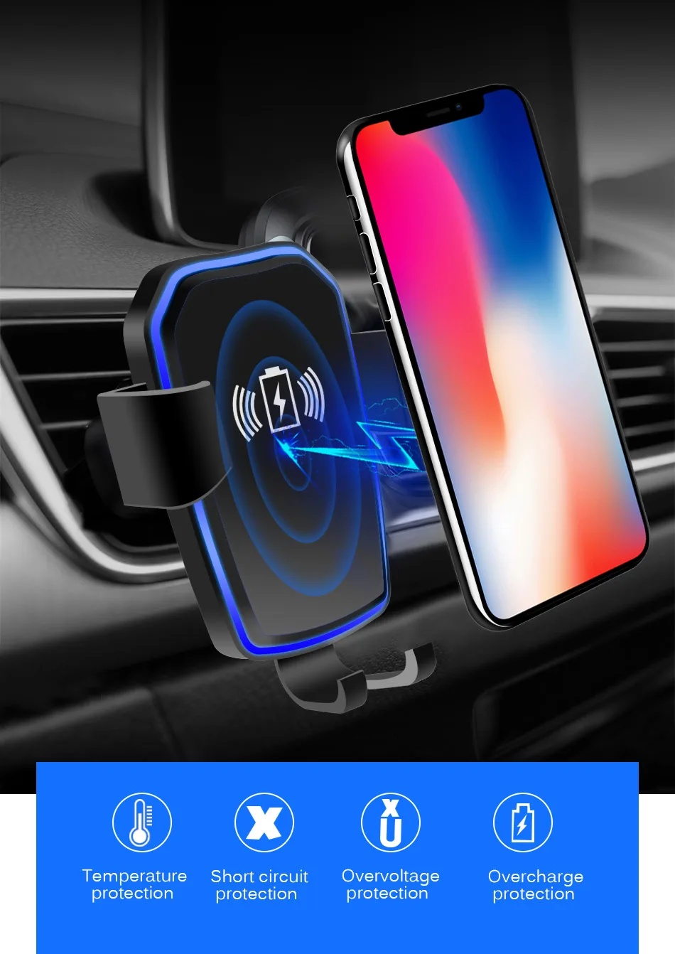 CinkeyPro Wireless Car Charger Gravity reaction Holder for iPhone 8 X 10 Samsung S6 S7 S8 Plus QI Air Vent Stand Fast Charging 1