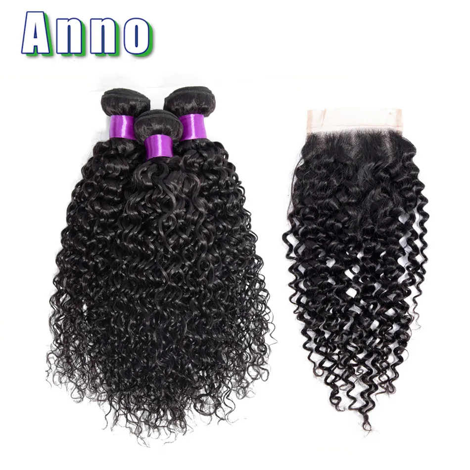 

Annowig Curly Human Hair Bundles With Closure Natural Color Brazilian Hair Weaves Non Remy 3 Bundles With Closure Can Be Dyed