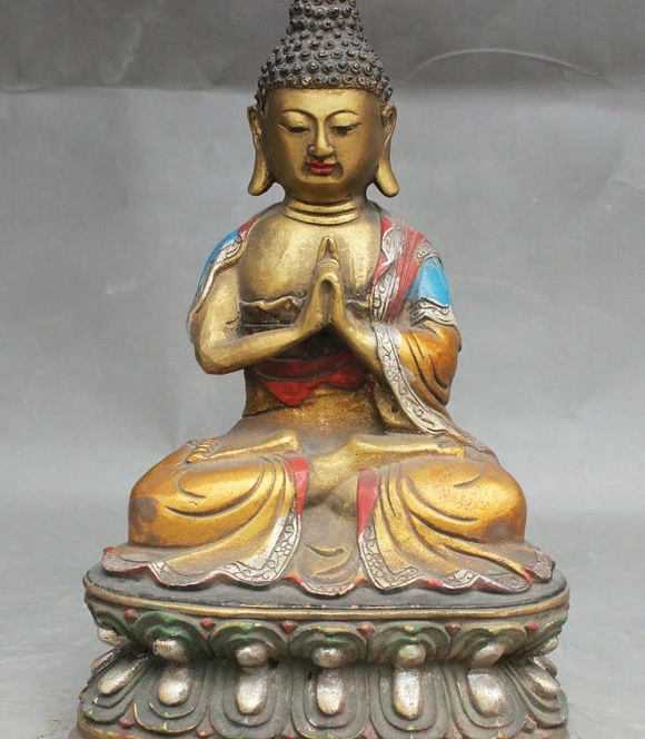 

9" Old Tibet Buddhism Bronze Gilt Shakyamuni Pray Sakyamuni Buddhia Statue