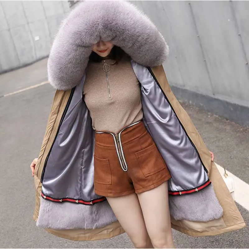

2019 high quality Winter Parker Women Can be removed Rex rabbit hair liner Coats Fox fur collar Long Outerwear Warm Jackets G491