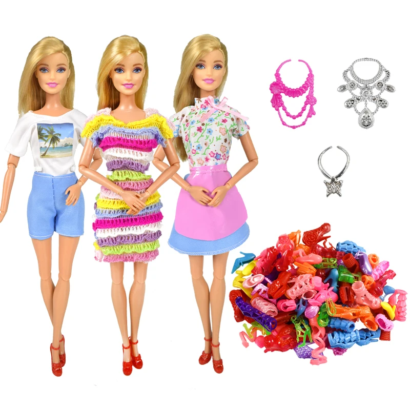 9 Item/Set Doll Supplies=3 Pcs Beautiful Clothes Set + 3 Plastic