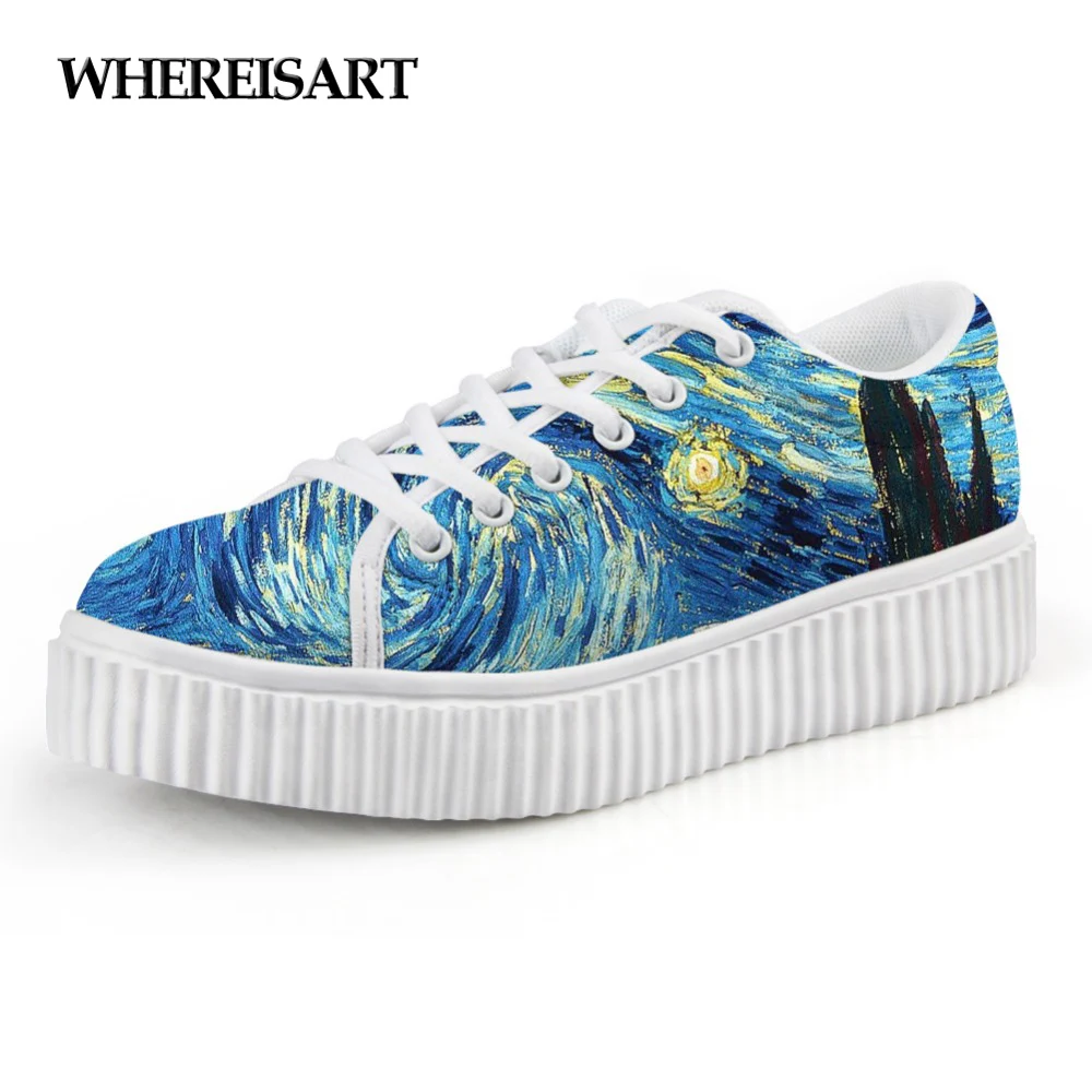 

WHEREISART Stylish Art Design Starry Night Printed Women's Flats Casual Creepers Platform Shoes Female Lace Up Boat Shoes Woman