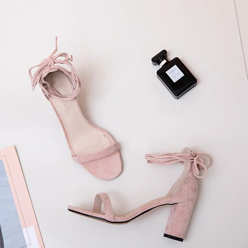 WETKISS/Босоножки на толстом высоком каблуке, сандалии с перекрестными ремешками, женская обувь для вечеринок из флока, новинка, женская летняя обувь с открытым носком в сдержанном стиле - Цвет: pink
