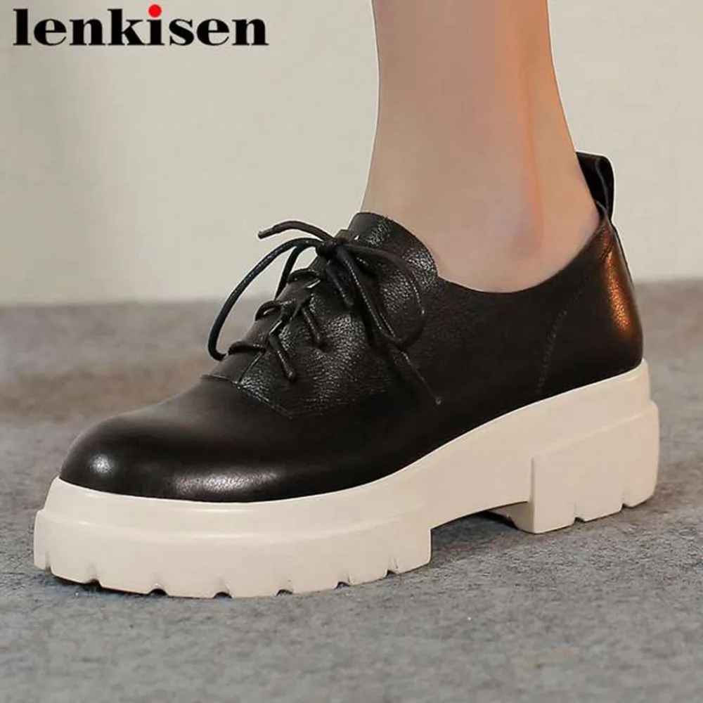 

2019 concise style round toe thick med bottom waterproof natural leather lace up sneakers big size woman vulcanized shoes L12