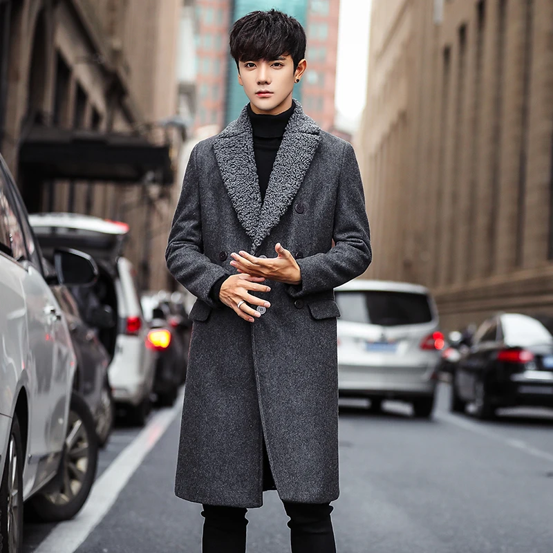 Мужской длинный Тренч/зимнее шерстяное пальто, модное городское высококачественное теплое пальто с меховым воротником, индивидуальный тонкий Тренч