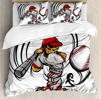 

Teen Room Decor Duvet Cover Set , Baseball Cartoon Player Hitting the Ball Boys Kids Caricature Print,e 4 Piece Bedding Set