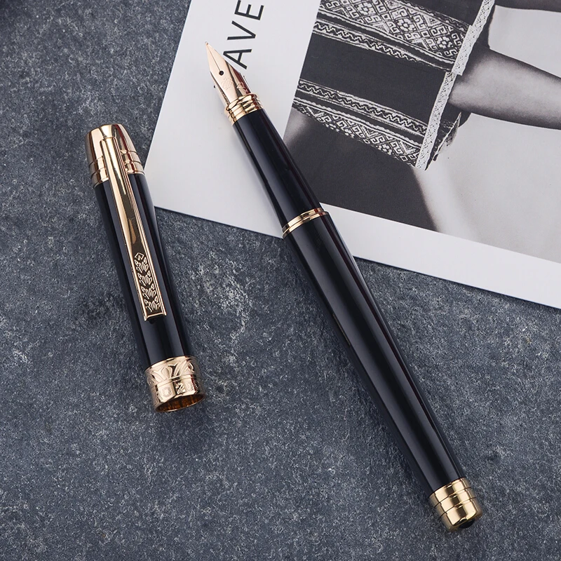 Hero 200C 14K Gold Collection Fountain Pen Black with Golden Carved Clip Fine Nib 0.5mm Gift Pen and Box for Business Office