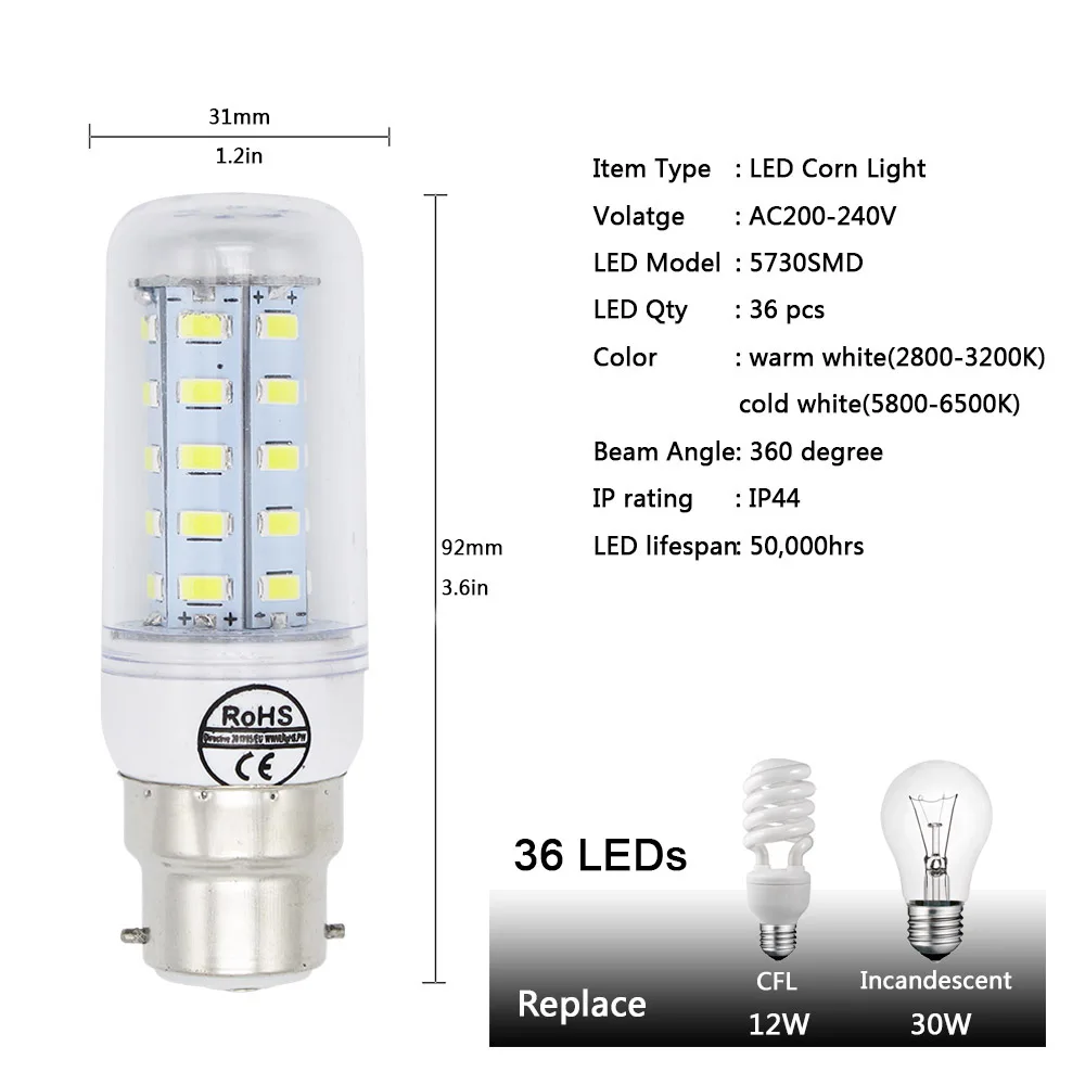 Лампада b22 Светодиодные лампы 240 В 220 В 7 Вт 12 Вт 15 Вт 20 Вт светильник 72x5730 SMD 30 Вт Холодный теплый белый Светодиодный точечный светильник