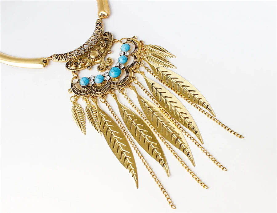 Europe and America exaggerated smooth leaves tassel metal collar African national fashion wild clavicle chain necklace (5)