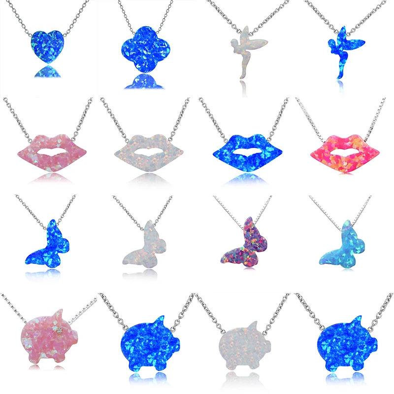 

1Pc Romantic Opal Necklace Pendant Heart Mouth Pig Butterfly Star Moon Elf 925 Sterling Silver Statement Necklaces Women Jewelry