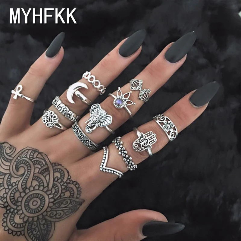

MYHFKK13pcs / Set of Bohemian Style Vintage Silver Plated Elephant Hollow Flower Ring Set for Women Ring Beach Jewelry JZ008