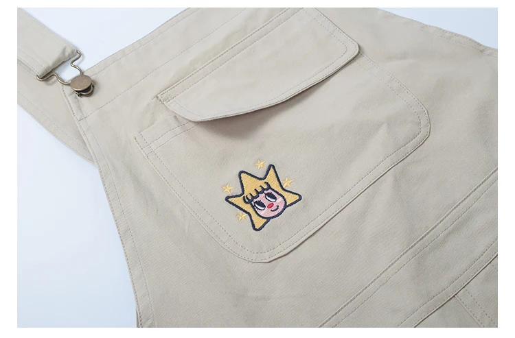 Summer New Kawaii Playful Cartoon Embroidery Khaki Strap Shorts For Women Ladies Overalls Cotton