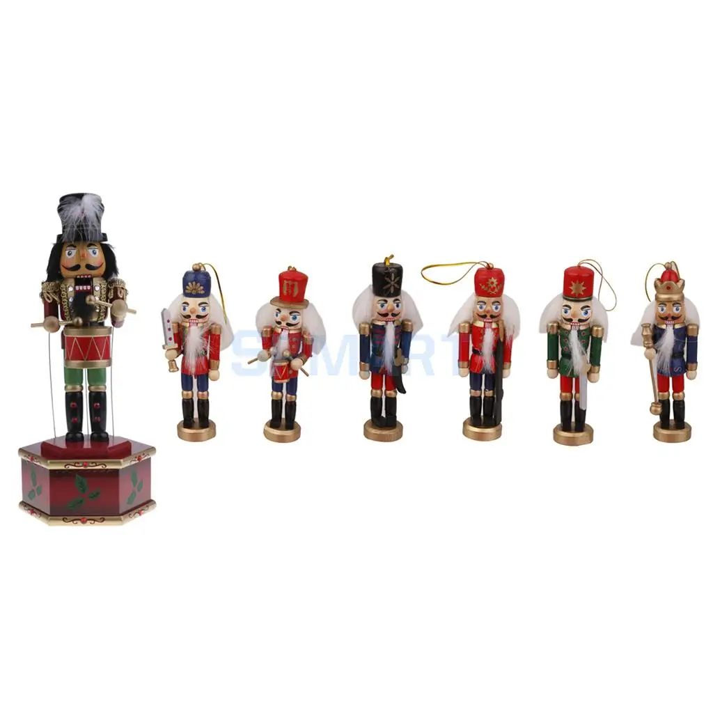 

7pcs Handpainted Wooden Nutcracker Music Box Wind Up Soldier & Hanging Action Figure Toy Home Decor Christmas Gift