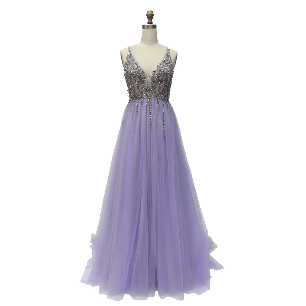 lilac grey Oucui Настоящее фото, бальное платье Спагетти ремень Иллюзия длинное вечернее платье ручная работа бисером Глубокий v-образный вырез Выпускные платья OL103012 - Цвет: lilac grey