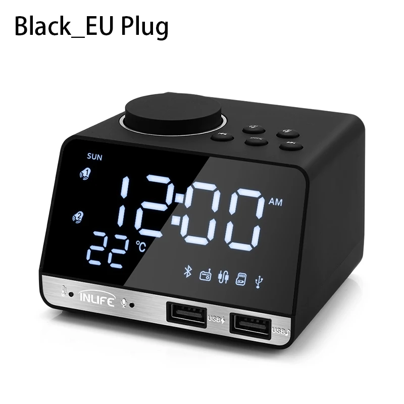 Black EU Plug Bluetooth радио Будильник цифровой будильник с динамиком температуры 2 usb порта светодиодный дисплей стол Повтор Настольные часы домашний декор - Цвет: Black EU Plug