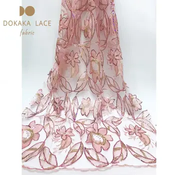 

Pink Color Sequins Net Fabric New Style 2019 African Nigerian Gold Flower Sequined Embroidered Lace For Wedding Sexy Lace Sewing