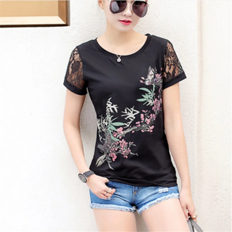 

Vetement Femme Plus Size T-shirt Women Tops Summer 2019 Lace Floral Print Tee Shirt Female T Shirt tshirt Camisetas Mujer xxxxl