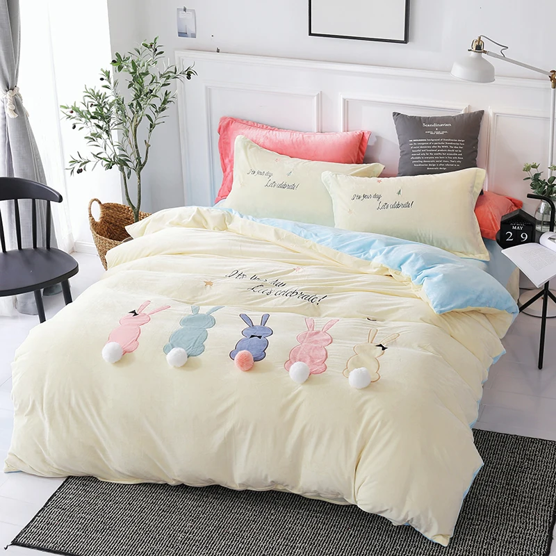 Мультфильм прекрасный кролик аппликация медведь вышивка фланель постельное