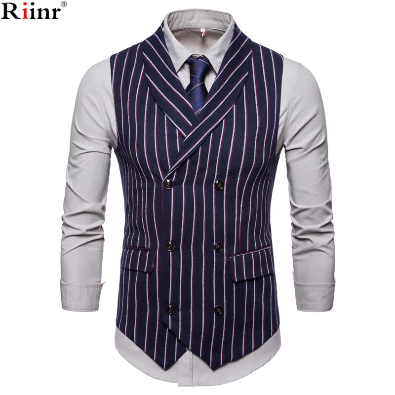 

Riinr 2018 Autumn Men Striped Vests Causal Double-breasted Mens Suit Vest Vintage Wedding Waistcoat Men's Suit Vest Wedding Vest