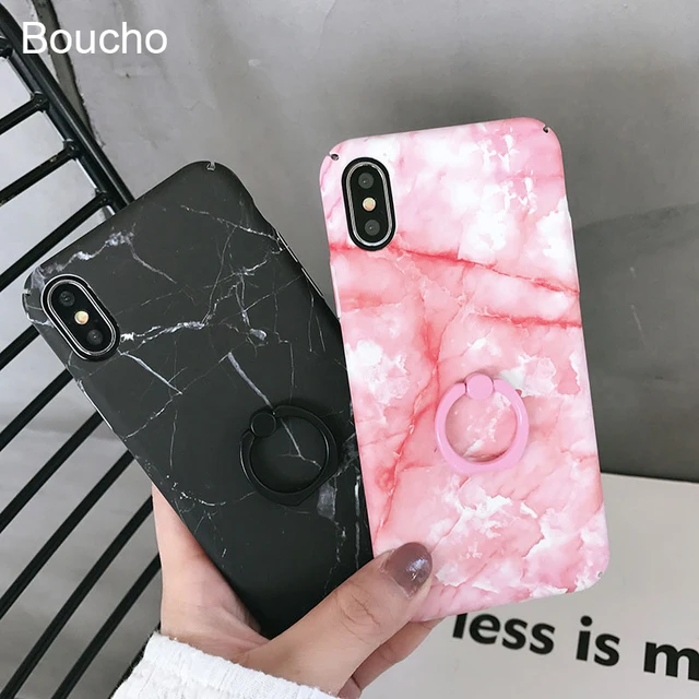 Boucho Matte Hard Pc Ring Grip Case For Iphone X 6 6s 7 8 Plus Luxury Retro Granite Scrub Marble Stone Image Painted Phone Cover