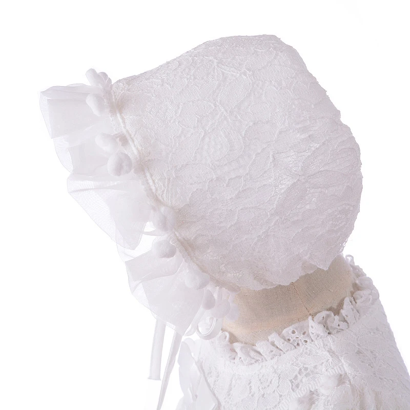 Платье на крестины для маленьких девочек; дамская шляпа без полей; белая официальная одежда; Vestido Bebe; детская одежда; кружевное платье для крещения с длинными рукавами