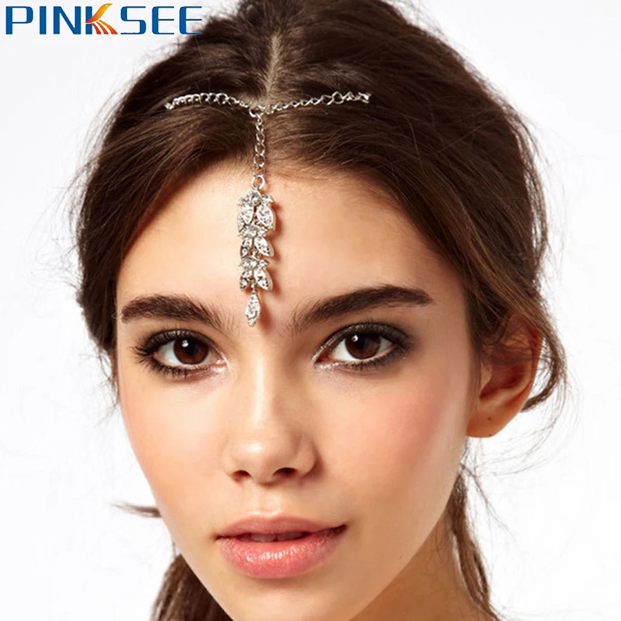 Wedding Bride Hair Clip Silver Color Crystal Leaf Pendant Forehead