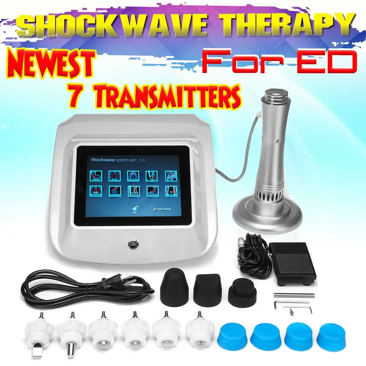 

ED Treatment Portable Shock Wave Therapy Machine Pain Relief Effective Physiotherapy Equipment 7 Transmitters to treat ED